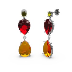 Peridot, sitrin ve garnet 14 ayar beyaz altın küpe