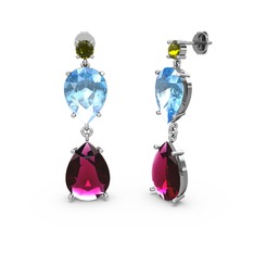 Peridot, rodolit garnet ve akuamarin 14 ayar beyaz altın küpe