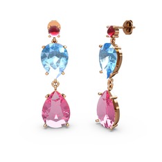 Lena Damla Küpe - Kök yakut, pembe kuvars ve akuamarin 14 ayar rose altın küpe #t5nn85