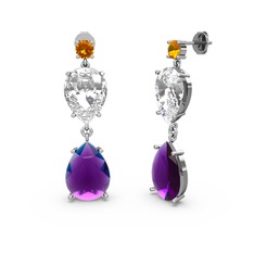 Sitrin, ametist ve swarovski 14 ayar beyaz altın küpe