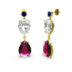 Lab safir, rodolit garnet ve beyaz zirkon 14 ayar altın küpe