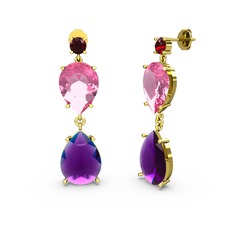 Garnet, ametist ve pembe kuvars 18 ayar altın küpe