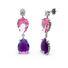 Swarovski, ametist ve pembe kuvars 14 ayar beyaz altın küpe