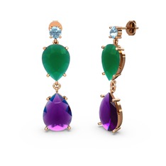 Akuamarin, ametist ve kök zümrüt 8 ayar rose altın küpe