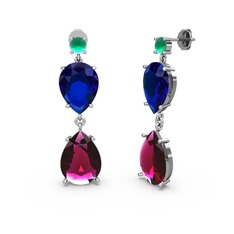 Kök zümrüt, rodolit garnet ve lab safir 18 ayar beyaz altın küpe
