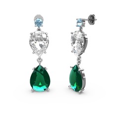 Akuamarin, yeşil kuvars ve swarovski 8 ayar beyaz altın küpe