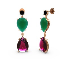 Lena Damla Küpe - Siyah zirkon, rodolit garnet ve kök zümrüt 8 ayar rose altın küpe #vh08cd