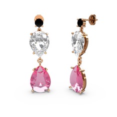 Siyah zirkon, pembe kuvars ve beyaz zirkon 18 ayar rose altın küpe