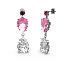 Lena Damla Küpe - Garnet, beyaz zirkon ve pembe kuvars 18 ayar beyaz altın küpe #x75dnp