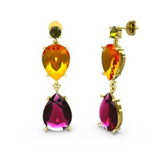 Peridot, rodolit garnet ve sitrin 18 ayar altın küpe