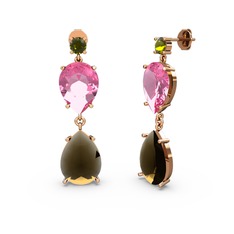 Lena Damla Küpe - Peridot, dumanlı kuvars ve pembe kuvars 18 ayar rose altın küpe #xs0x4s