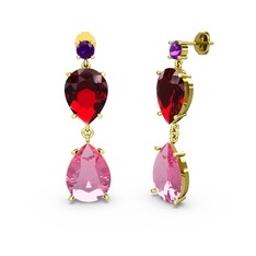 Lena Damla Küpe - Ametist, pembe kuvars ve garnet 14 ayar altın küpe #ynbiq9