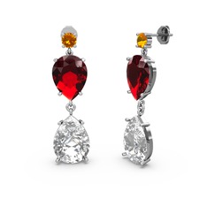 Sitrin, beyaz zirkon ve garnet 18 ayar beyaz altın küpe