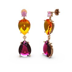 Lena Damla Küpe - Pembe kuvars, rodolit garnet ve sitrin 18 ayar rose altın küpe #z8xg38