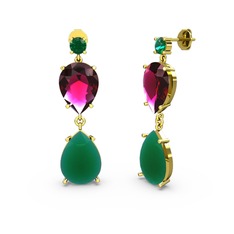 Yeşil kuvars, kök zümrüt ve rodolit garnet 18 ayar altın küpe