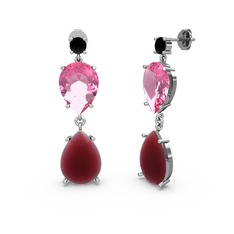 Siyah zirkon, kök yakut ve pembe kuvars 8 ayar beyaz altın küpe