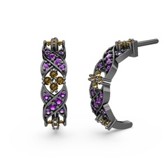 Ametist ve dumanlı kuvars 925 ayar siyah rodyum kaplama gümüş küpe