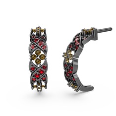 Garnet ve dumanlı kuvars 925 ayar siyah rodyum kaplama gümüş küpe