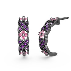 Melisa Çiçek Küpe - Ametist ve pembe kuvars 925 ayar siyah rodyum kaplama gümüş küpe #1wjep41