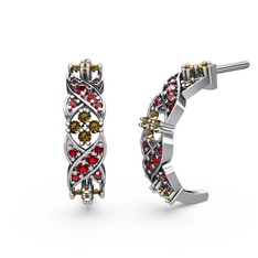 Garnet ve dumanlı kuvars 18 ayar beyaz altın küpe