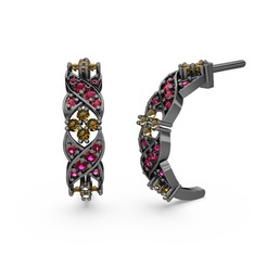 Rodolit garnet ve dumanlı kuvars 925 ayar siyah rodyum kaplama gümüş küpe