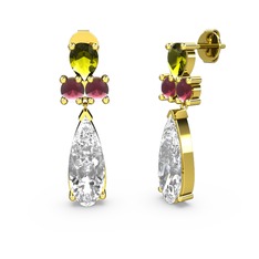 Swarovski, peridot ve kök yakut 18 ayar altın küpe