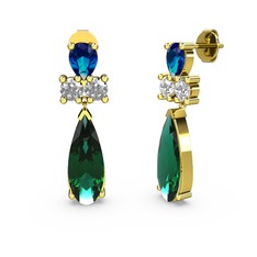 Yeşil kuvars, lab safir ve swarovski 14 ayar altın küpe