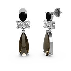 Dumanlı kuvars, siyah zirkon ve swarovski 8 ayar beyaz altın küpe