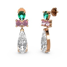 Swarovski, yeşil kuvars ve pembe kuvars 925 ayar rose altın kaplama gümüş küpe