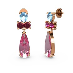 Pembe kuvars, akuamarin ve rodolit garnet 18 ayar rose altın küpe