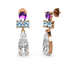 Swarovski, ametist ve akuamarin 925 ayar rose altın kaplama gümüş küpe