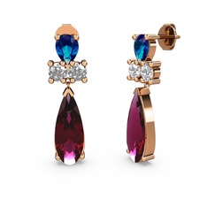Rodolit garnet, lab safir ve beyaz zirkon 925 ayar rose altın kaplama gümüş küpe