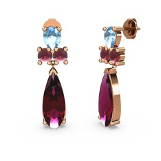 Şana Damla Küpe - Rodolit garnet, akuamarin ve kök yakut 18 ayar rose altın küpe #11h50q3