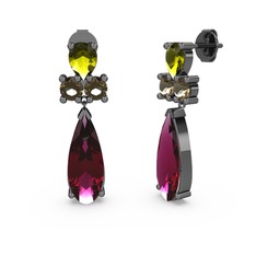 Şana Damla Küpe - Rodolit garnet, peridot ve dumanlı kuvars 925 ayar siyah rodyum kaplama gümüş küpe #11khwsq
