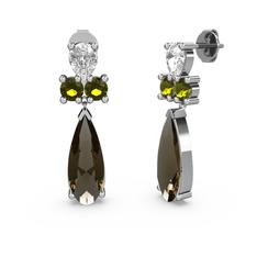 Şana Damla Küpe - Dumanlı kuvars, beyaz zirkon ve peridot 8 ayar beyaz altın küpe #11qochy