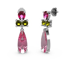 Şana Damla Küpe - Pembe kuvars, rodolit garnet ve peridot 18 ayar beyaz altın küpe #121nutt