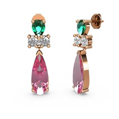 Pembe kuvars, yeşil kuvars ve swarovski 14 ayar rose altın küpe