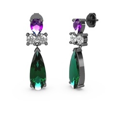 Yeşil kuvars, ametist ve swarovski 925 ayar siyah rodyum kaplama gümüş küpe