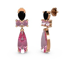 Pembe kuvars ve siyah zirkon 8 ayar rose altın küpe