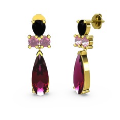 Şana Damla Küpe - Rodolit garnet, siyah zirkon ve pembe kuvars 8 ayar altın küpe #12wd10t