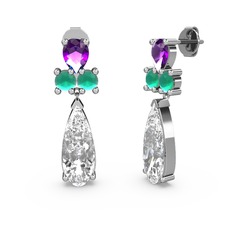 Şana Damla Küpe - Beyaz zirkon, ametist ve kök zümrüt 14 ayar beyaz altın küpe #12z3cj0