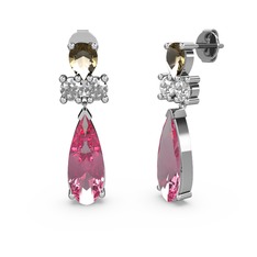 Pembe kuvars, dumanlı kuvars ve swarovski 18 ayar beyaz altın küpe