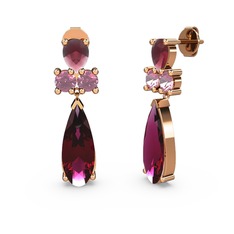Şana Damla Küpe - Rodolit garnet, kök yakut ve pembe kuvars 14 ayar rose altın küpe #13584ze
