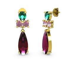 Şana Damla Küpe - Rodolit garnet, yeşil kuvars ve pembe kuvars 8 ayar altın küpe #139kj8w