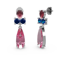 Şana Damla Küpe - Pembe kuvars, kök yakut ve lab safir 14 ayar beyaz altın küpe #13i8o7a