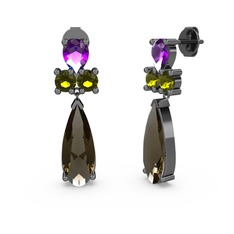 Şana Damla Küpe - Dumanlı kuvars, ametist ve peridot 925 ayar siyah rodyum kaplama gümüş küpe #13n19oi