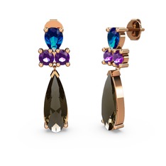 Şana Damla Küpe - Dumanlı kuvars, lab safir ve ametist 14 ayar rose altın küpe #1450ezw