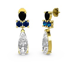 Şana Damla Küpe - Swarovski, siyah zirkon ve lab safir 8 ayar altın küpe #14bi4g3