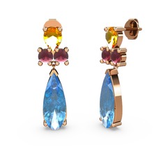 Şana Damla Küpe - Akuamarin, sitrin ve kök yakut 8 ayar rose altın küpe #14hea1n