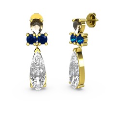 Şana Damla Küpe - Swarovski, dumanlı kuvars ve lab safir 8 ayar altın küpe #14kocah